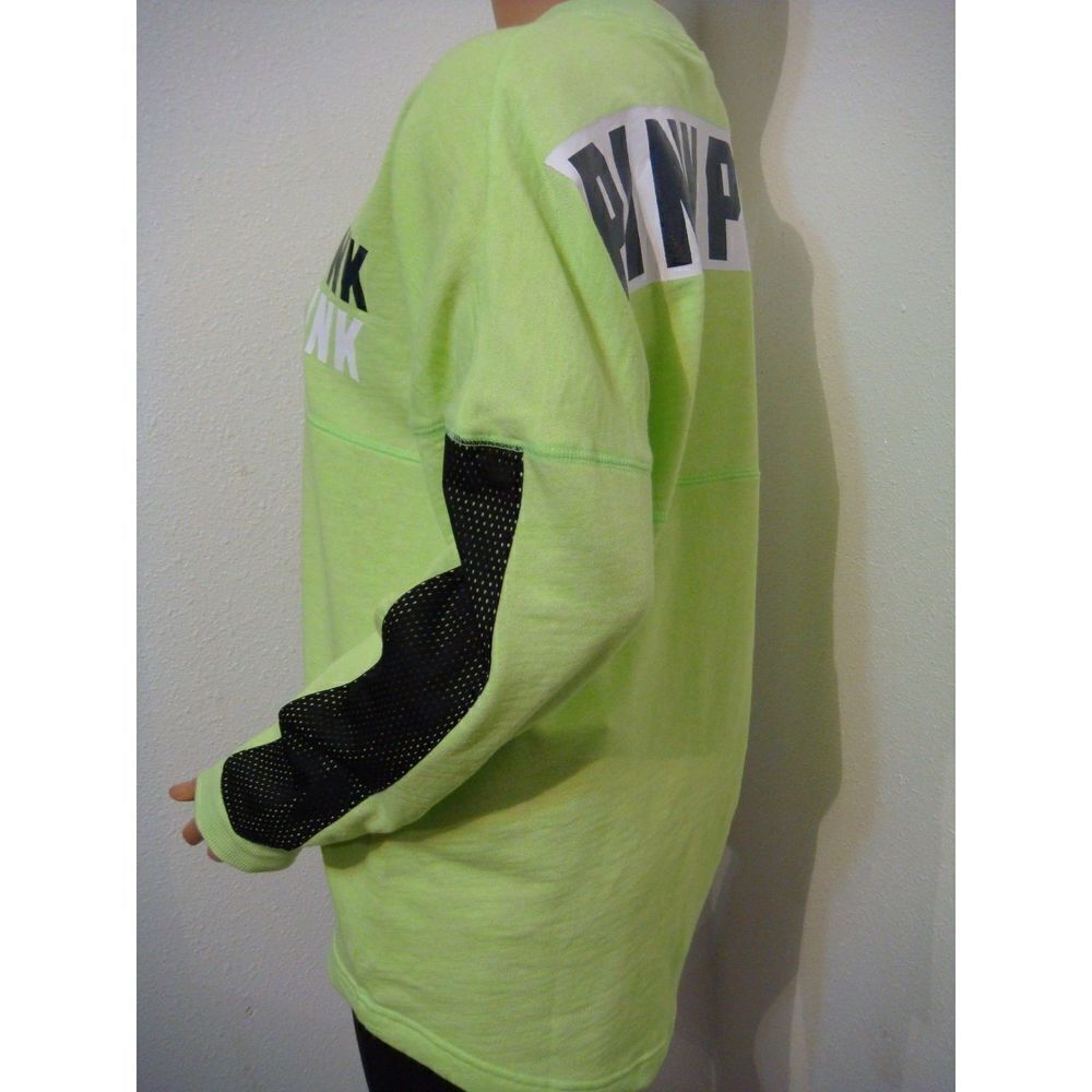 NWT XS Victoria's Secret PINK Neon Green Black Mesh Varsity Crew Sweatshirt Top - Picture 11 of 12